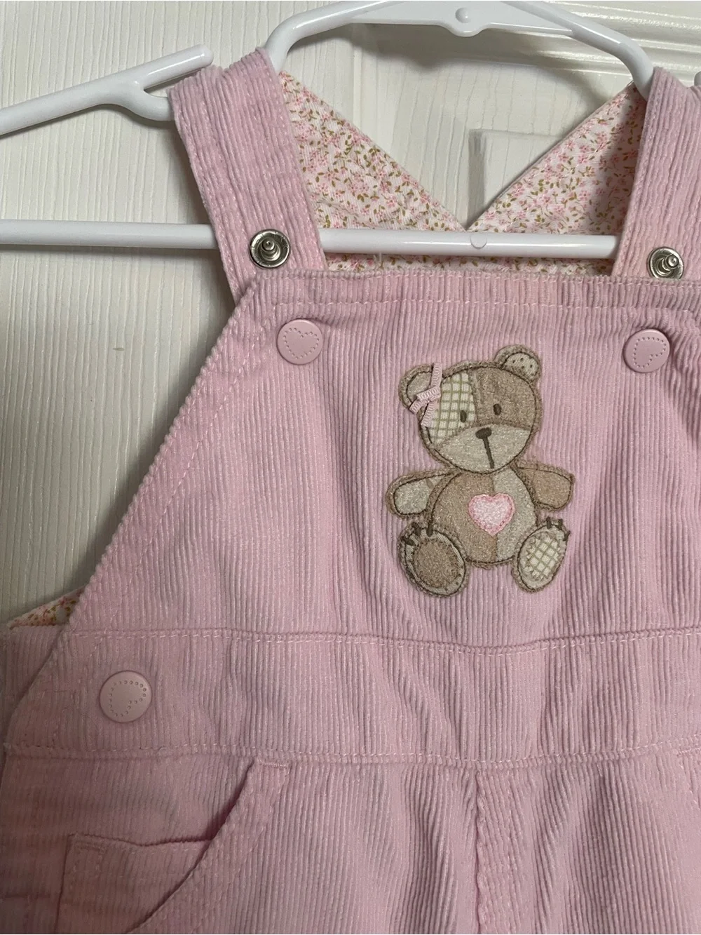 Vintage Carters 0-3 Months Pink Teddy Embroidered Corduroy Overalls EUC
